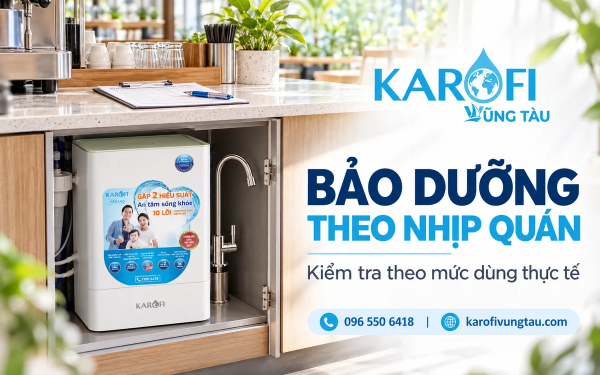 Máy lọc nước Karofi KAQ-U65 tại quầy café minh họa việc theo dõi và bảo dưỡng định kỳ
