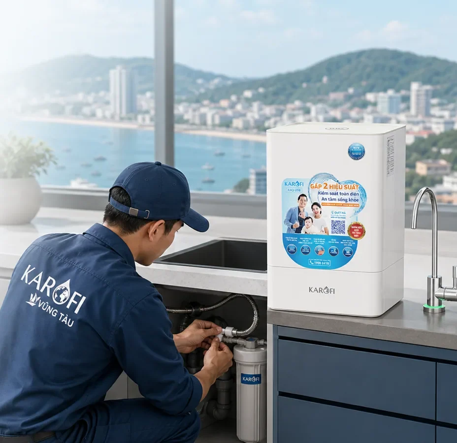 Kỹ thuật viên Karofi Vũng Tàu lắp máy lọc nước tại nhà khách